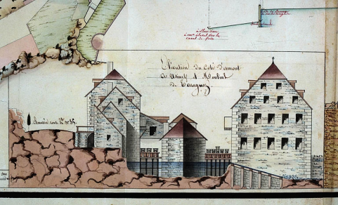 Plan de l'usine de Taragnoz faubourg de Besançon appartenant à Mr Rebattu de Dijon, levé en octobre 1820 [détail du plan définitif : élévations], 1821. © Région Bourgogne-Franche-Comté, Inventaire du patrimoine