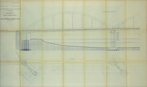 Construction d'un pont de chemin de fer sur le Doubs. Variante. Pont en béton armé. Une travée avec culée et pile [plan et coupe], 1937. © Région Bourgogne-Franche-Comté, Inventaire du patrimoine