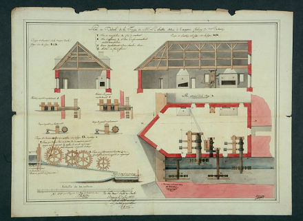 Plan de détail de la Forge de Mr Rebattu, située à Taragnoz, faubourg de Besançon, 1822. © Région Bourgogne-Franche-Comté, Inventaire du patrimoine Plan de détail de la Forge de Mr Rebattu, située à Taragnoz, faubourg de Besançon, 1822. © Région Bourgogne-Franche-Comté, Inventaire du patrimoine