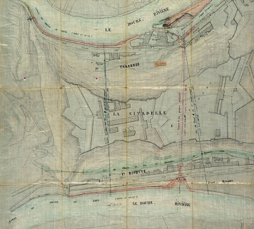 Dérivation sous la citadelle de Besançon. Plan de la dérivation et de ses abords, 1877. © Région Bourgogne-Franche-Comté, Inventaire du patrimoine Dérivation sous la citadelle de Besançon. Plan de la dérivation et de ses abords, 1877. © Région Bourgogne-Franche-Comté, Inventaire du patrimoine