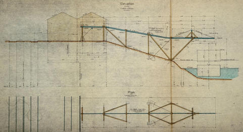 Exploitation militaire du Canal du Rhône au Rhin. Installation de transbordement au port des Près-de-Vaux, à Besançon. Projet définitif. Dessins du transbordeur [détail : plan et élévation], 1918. © Région Bourgogne-Franche-Comté, Inventaire du patrimoine