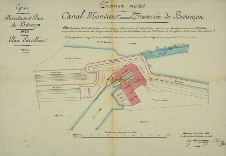 Plan du bastion dit de l'Archevêque, coté 16 (au projet relatif au canal) et du moulin du même nom [...], 1826. © Région Bourgogne-Franche-Comté, Inventaire du patrimoine