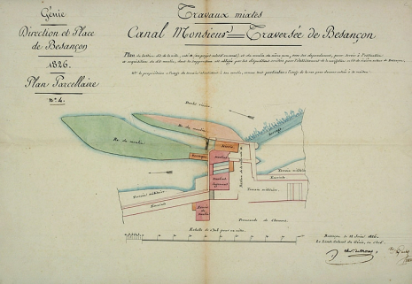 Plan du bastion dit de la Ville, cotté 11 (au projet relatif au canal), et du moulin du même nom [...], 1826. © Région Bourgogne-Franche-Comté, Inventaire du patrimoine