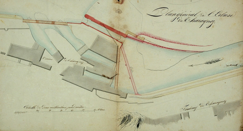 Plan général de l'écluse de Tharagnoz, 1826. © Région Bourgogne-Franche-Comté, Inventaire du patrimoine Plan général de l'écluse de Tharagnoz, 1826. © Région Bourgogne-Franche-Comté, Inventaire du patrimoine