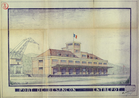 Chambre de Commerce de Besançon. Construction d'un entrepôt en béton armé au port de Besançon. 8. Port de Besançon - Entrepôt [vue perspective], 1936. © Région Bourgogne-Franche-Comté, Inventaire du patrimoine