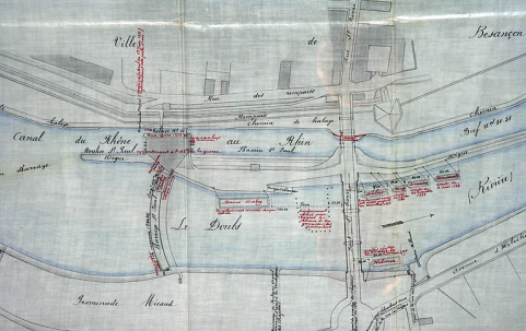 Règlement d'eau du moulin St Paul, appartenant à l'ad[ministrati]on de la Guerre. Plan des lieux [détail], 1887. © Région Bourgogne-Franche-Comté, Inventaire du patrimoine
