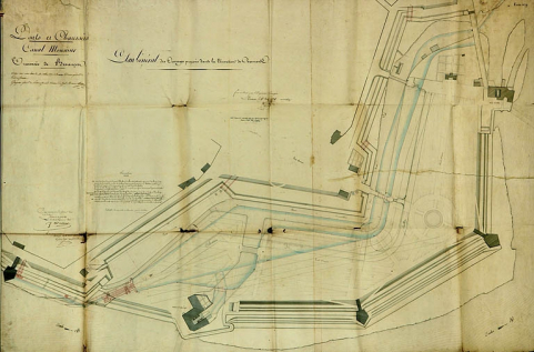 Plan général des ouvrages proposés dans la dérivation de Chamars, 1824. © Région Bourgogne-Franche-Comté, Inventaire du patrimoine Plan général des ouvrages proposés dans la dérivation de Chamars, 1824. © Région Bourgogne-Franche-Comté, Inventaire du patrimoine