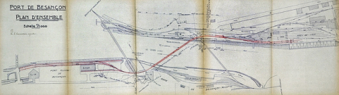 Gare de Besançon-Mouillère (Prés de Vaux). Extension de l'embranchement de l'administration des Ponts et Chaussées. Plan d'ensemble (état projeté), 1935. © Région Bourgogne-Franche-Comté, Inventaire du patrimoine Gare de Besançon-Mouillère (Prés de Vaux). Extension de l'embranchement de l'administration des Ponts et Chaussées. Plan d'ensemble (état projeté), 1935. © Région Bourgogne-Franche-Comté, Inventaire du patrimoine