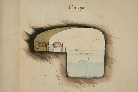 Dérivation sous la citadelle de Besançon. Dessin d'une gare d'évitement dans le tunnel [coupe : détail], 1879. © Région Bourgogne-Franche-Comté, Inventaire du patrimoine