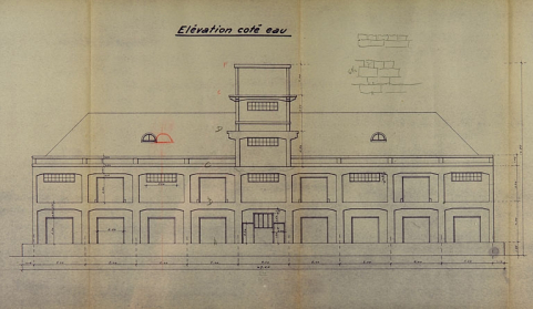 Concours pour la construction d'un entrepôt en béton armé au port de Besançon. Dessins [détail : ] Elévation côté eau, 1936. © Région Bourgogne-Franche-Comté, Inventaire du patrimoine
