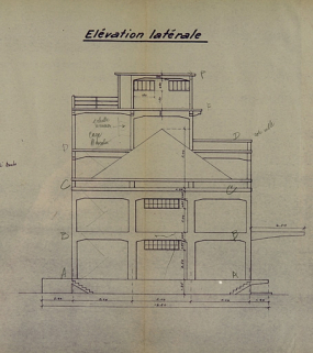 Concours pour la construction d'un entrepôt en béton armé au port de Besançon. Dessins [détail : ] Elévation latérale, 1936. © Région Bourgogne-Franche-Comté, Inventaire du patrimoine