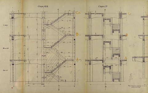 Concours pour la construction d'un entrepôt en béton armé au port de Besançon. Dessins [détail : ] Coupe AB [et] Coupe CD, 1936. © Région Bourgogne-Franche-Comté, Inventaire du patrimoine