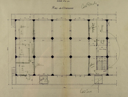 Concours pour la construction d'un entrepôt en béton armé au port de Besançon. Dessins [détail : plan du] Rez-de-chaussée, 1936. © Région Bourgogne-Franche-Comté, Inventaire du patrimoine