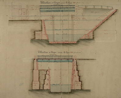Dérivation sous la citadelle de Besançon [...] Dessins du pont sous la route nationale n° 67 à Rivotte [coupes et élévations du pont routier], 1877. © Région Bourgogne-Franche-Comté, Inventaire du patrimoine