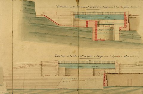 Dérivation sous la citadelle de Besançon [...] Dessins du pont sous la route nationale n° 83 à Taragnoz [coupes et élévations], 1877. © Région Bourgogne-Franche-Comté, Inventaire du patrimoine