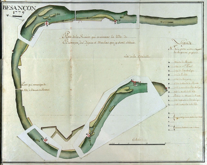 Besançon 1779. Plan de la rivière qui environne la ville de Besançon, des digues et moulins qui y sont situés. © Région Bourgogne-Franche-Comté, Inventaire du patrimoine Besançon 1779. Plan de la rivière qui environne la ville de Besançon, des digues et moulins qui y sont situés. © Région Bourgogne-Franche-Comté, Inventaire du patrimoine