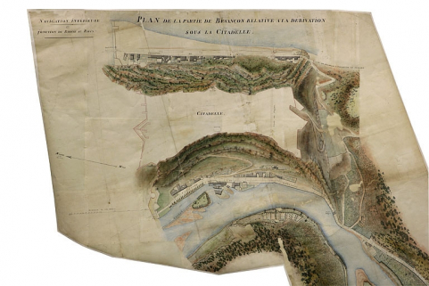 Canal Monsieur. Plan de la partie de Besançon relative à la dérivation sous la citadelle [détail des faubourgs Rivotte et Tarragnoz], 1803. © Région Bourgogne-Franche-Comté, Inventaire du patrimoine