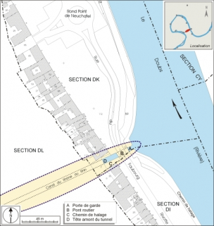 Plan-masse et de situation de la partie amont. Extrait du plan cadastral, 2006, sections DI, DK et DL. © Région Bourgogne-Franche-Comté, Inventaire du patrimoine Plan-masse et de situation de la partie amont. Extrait du plan cadastral, 2006, sections DI, DK et DL. © Région Bourgogne-Franche-Comté, Inventaire du patrimoine