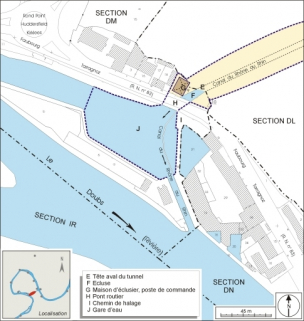 Plan-masse et de situation de la partie aval. Extrait du plan cadastral, 2006, sections DL, DM et DN. © Région Bourgogne-Franche-Comté, Inventaire du patrimoine Plan-masse et de situation de la partie aval. Extrait du plan cadastral, 2006, sections DL, DM et DN. © Région Bourgogne-Franche-Comté, Inventaire du patrimoine