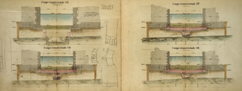 Abaissement du radier du sas de l'écluse n° 52 de Velotte. Plan, élévation et coupes transversales [Détail : coupes], 1911. © Région Bourgogne-Franche-Comté, Inventaire du patrimoine