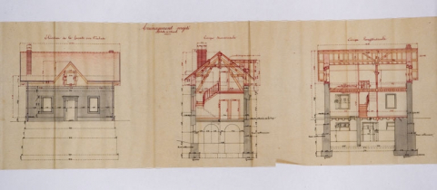 Aménagement de la maison éclusière n° 52 de Velotte et construction d'un bâtiment accessoire [...] Aménagement projeté. [Détail : élévation antérieure et coupes], 1906. © Région Bourgogne-Franche-Comté, Inventaire du patrimoine