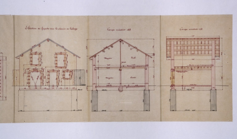 Aménagement de la maison éclusière n° 52 de Velotte et construction d'un bâtiment accessoire [...] Plans, élévations et coupes d'un bâtiment accessoire. [Détail : élévation et coupes], 1906. © Région Bourgogne-Franche-Comté, Inventaire du patrimoine