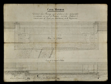 Dessin d'un barrage avec écluse à sas submersible à construire en aval de Besançon sous l'isle Malpas et sur la rivière du Doubs pour l'établissement de la navigation [plan et coupe], 1822. © Région Bourgogne-Franche-Comté, Inventaire du patrimoine