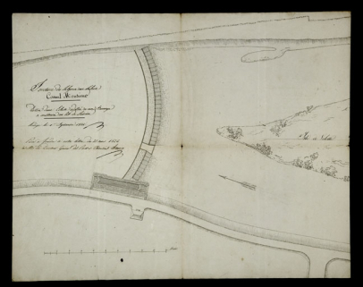 Dessin d'une écluse adossée à un barrage à construire en lit de rivière, 1822. © Région Bourgogne-Franche-Comté, Inventaire du patrimoine