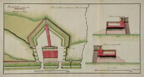 Besançon pour 1764. Plan et profils du bastion St Paul cotté 20, 1764. © Région Bourgogne-Franche-Comté, Inventaire du patrimoine Besançon pour 1764. Plan et profils du bastion St Paul cotté 20, 1764. © Région Bourgogne-Franche-Comté, Inventaire du patrimoine