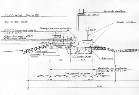 Barrage de la Malate. Equipement avec bouchure mobile. Coupe transversale du barrage (partie mobile), 1959. © Région Bourgogne-Franche-Comté, Inventaire du patrimoine
