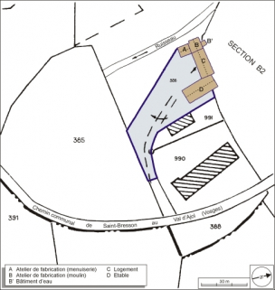Plan-masse et de situation. Extrait du plan cadastral numérisé, 2005, section B, 1:2500 agrandi à 1:1000. © Région Bourgogne-Franche-Comté, Inventaire du patrimoine