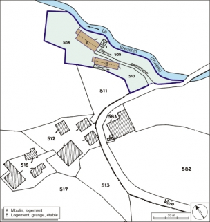 Plan-masse et de situation. Extrait du plan cadastral numérisé, 2005, section A, 1:1250 agrandi à 1:1000. © Région Bourgogne-Franche-Comté, Inventaire du patrimoine