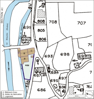 Plan-masse et de situation. Extrait du plan cadastral numérisé, 2005, section A, 1:2500 agrandi à 1:1000. © Région Bourgogne-Franche-Comté, Inventaire du patrimoine