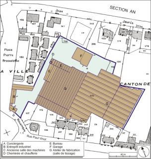 Plan-masse de l'usine. Extrait du plan cadastral numérisé, 2005, section AO, 1:1000 réduit à 1:1250. © Région Bourgogne-Franche-Comté, Inventaire du patrimoine
