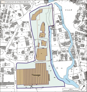 Plan-masse et de situation de l'usine. Extrait du plan cadastral numérisé, 2005, section AR, 1:1000 réduit à 1:2000. © Région Bourgogne-Franche-Comté, Inventaire du patrimoine