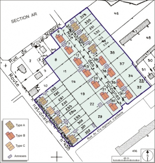 Plan-masse de la cité ouvrière. Extrait du plan cadastral numérisé, 2005, section AP, 1:2000 réduit à 1:1500. © Région Bourgogne-Franche-Comté, Inventaire du patrimoine