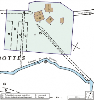 Plan-masse et de situation. Extrait du plan cadastral numérisé, 2005, section ZA, 1:2000 agrandi à 1:1000. © Région Bourgogne-Franche-Comté, Inventaire du patrimoine