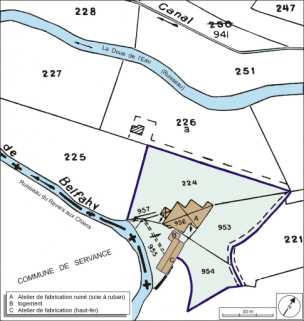 Plan-masse et de situation. Extrait du plan cadastral numérisé, 2005, section B, 1:2000 agrandi à 1:1000. © Région Bourgogne-Franche-Comté, Inventaire du patrimoine