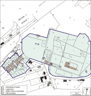 Plan-masse et de situation. Extrait du plan cadastral numérisé, 2005, section D, 1:1000 réduit à 1:3000. © Région Bourgogne-Franche-Comté, Inventaire du patrimoine Plan-masse et de situation. Extrait du plan cadastral numérisé, 2005, section D, 1:1000 réduit à 1:3000. © Région Bourgogne-Franche-Comté, Inventaire du patrimoine