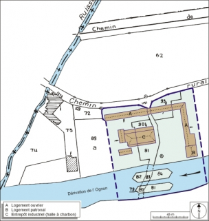 Plan-masse et de situation. Extrait du plan cadastral numérisé, 2005, section A, 1:2000 agrandi à 1:1500. © Région Bourgogne-Franche-Comté, Inventaire du patrimoine