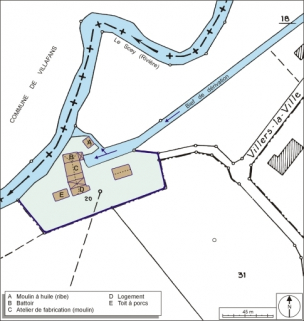 Plan-masse et de situation. Extrait du plan cadastral numérisé, 2006, section ZA, 1:1200 agrandi à 1:1500. © Région Bourgogne-Franche-Comté, Inventaire du patrimoine