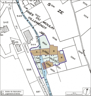 Plan-masse et de situation. Extrait du plan cadastral numérisé, 2005, section A, 1:1250 agrandi à 1:1000. © Région Bourgogne-Franche-Comté, Inventaire du patrimoine