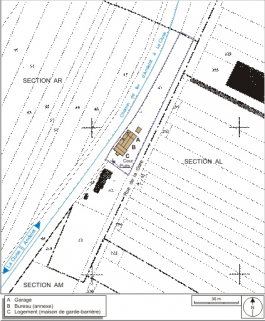 Plan-masse et de situation. Extrait du plan cadastral informatisé, 2006, sections AL, AM et AR, échelle 1:1000. © Région Bourgogne-Franche-Comté, Inventaire du patrimoine