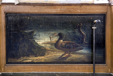 Intérieur, pièce du premier étage : détail du décor peint (canard) sous l'une des fenêtre. © Région Bourgogne-Franche-Comté, Inventaire du Patrimoine