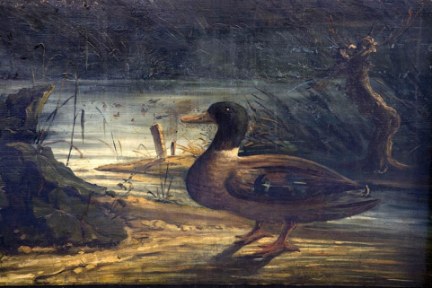 Intérieur, pièce du premier étage : détail du décor peint (canard, vue rapprochée) sous l'une des fenêtre. © Région Bourgogne-Franche-Comté, Inventaire du Patrimoine