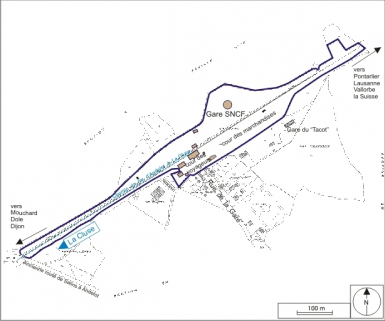 Plan de situation. Extrait du plan cadastral, 1995, section A, 12e feuille, échelle 1:1250 réduite à 1:6080, complété d'après un plan numérique de la SNCF (1999). © Région Bourgogne-Franche-Comté, Inventaire du patrimoine Plan de situation. Extrait du plan cadastral, 1995, section A, 12e feuille, échelle 1:1250 réduite à 1:6080, complété d'après un plan numérique de la SNCF (1999). © Région Bourgogne-Franche-Comté, Inventaire du patrimoine