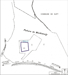 Plan-masse et de situation du réservoir de la Pâture de Montsevely. Extrait du plan cadastral, 1995, section A, 9e feuille, échelle 1:2500 réduite à 1:4500. © Région Bourgogne-Franche-Comté, Inventaire du patrimoine Plan-masse et de situation du réservoir de la Pâture de Montsevely. Extrait du plan cadastral, 1995, section A, 9e feuille, échelle 1:2500 réduite à 1:4500. © Région Bourgogne-Franche-Comté, Inventaire du patrimoine