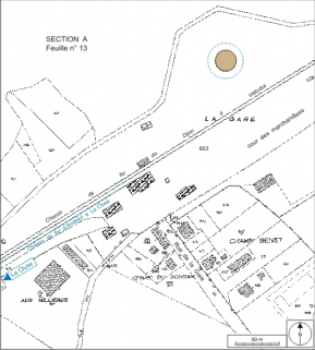 Plan-masse et de situation. Extrait du plan cadastral, 1995, section A, 12e feuille, échelle 1:1250 réduite à 1:2000, complété d'après un plan numérique de la SNCF (1999). © Région Bourgogne-Franche-Comté, Inventaire du patrimoine Plan-masse et de situation. Extrait du plan cadastral, 1995, section A, 12e feuille, échelle 1:1250 réduite à 1:2000, complété d'après un plan numérique de la SNCF (1999). © Région Bourgogne-Franche-Comté, Inventaire du patrimoine