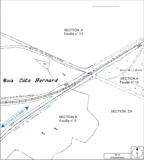 Plan-masse et de situation. Montage d'extraits du plan cadastral, 1995, sections A (12e feuille, 1:1250) et B (5e feuille, 1:2500), réduit à 1:3000. © Région Bourgogne-Franche-Comté, Inventaire du patrimoine Plan-masse et de situation. Montage d'extraits du plan cadastral, 1995, sections A (12e feuille, 1:1250) et B (5e feuille, 1:2500), réduit à 1:3000. © Région Bourgogne-Franche-Comté, Inventaire du patrimoine