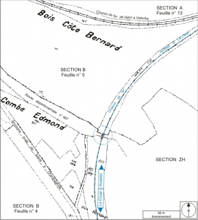 Plan-masse et de situation. Extrait du plan cadastral, 1995, section B, 5e feuille, échelle 1:2500 réduite à 1:3000. © Région Bourgogne-Franche-Comté, Inventaire du patrimoine
